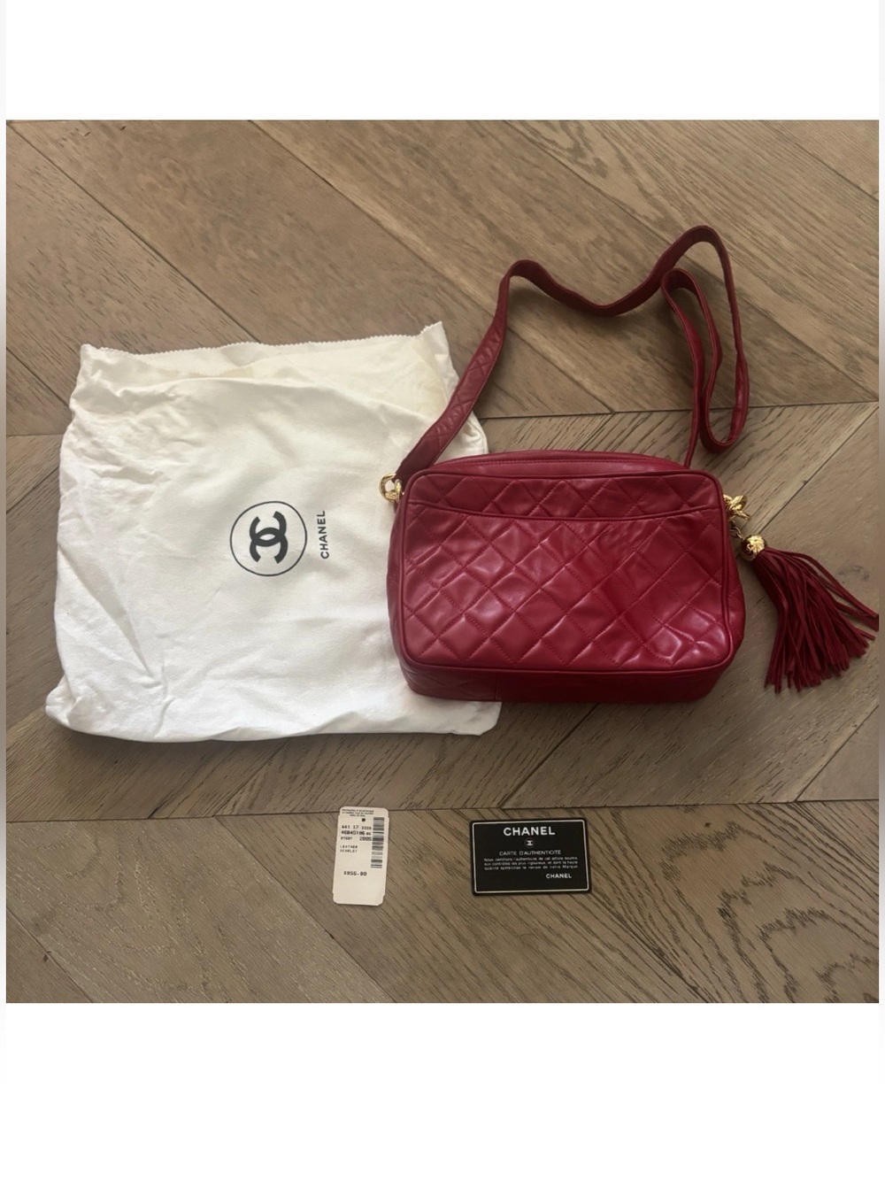 Authentic CHANEL Vintage Red Lambskin Quilted Camera Tassel Crossbody Bag